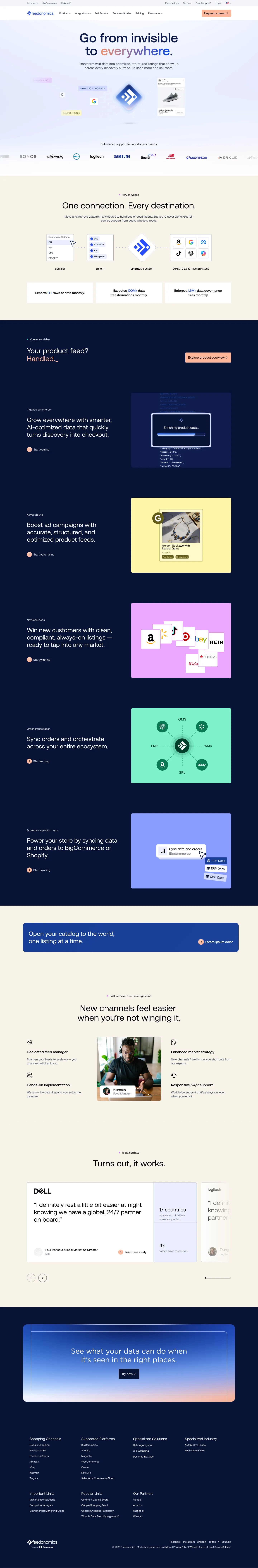 The redesigned Feedonomics homepage with the headline Go from invisible to everywhere