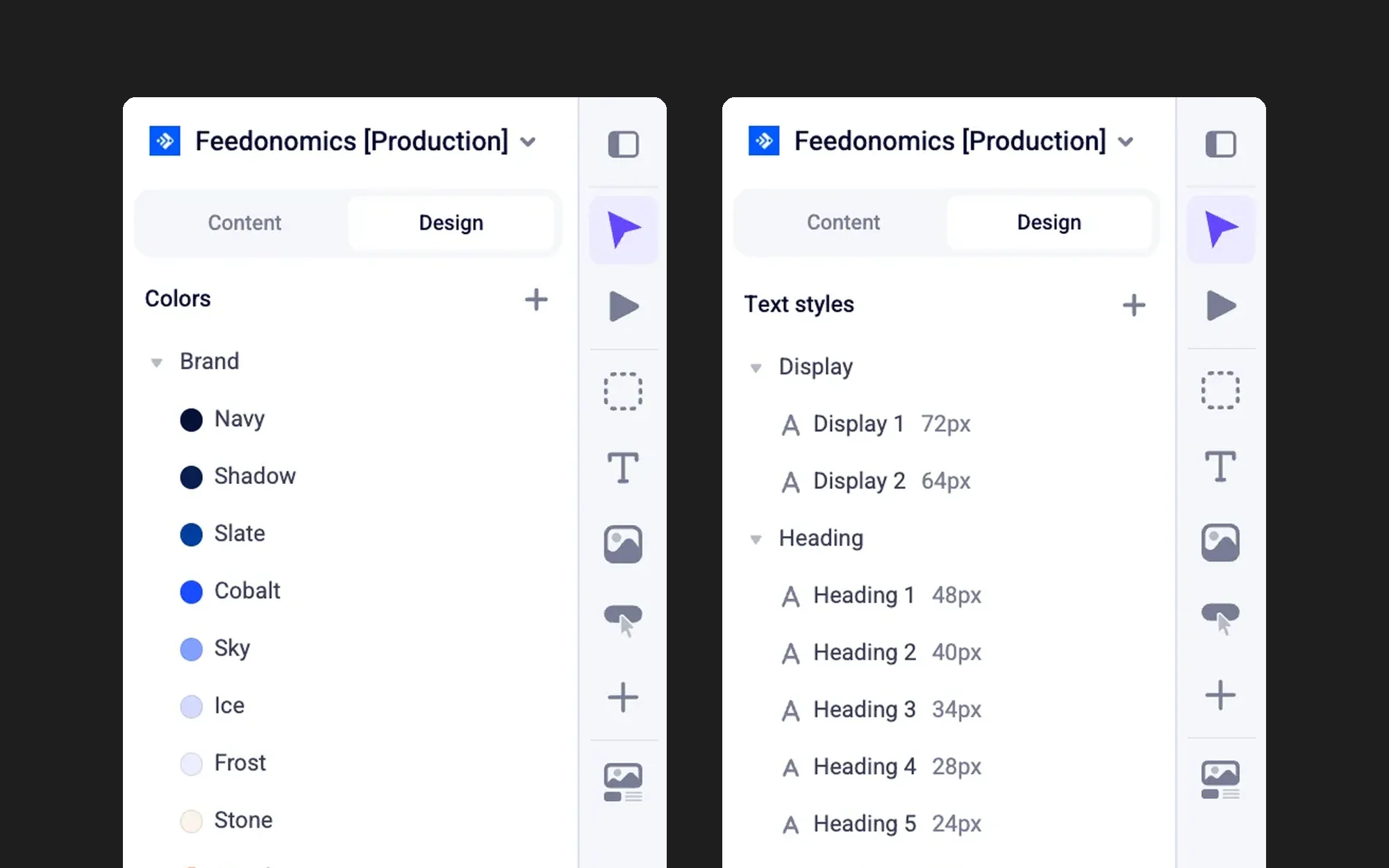 Two Makeswift design panels side by side on a dark background: the Feedonomics brand colors from Navy to Stone, and the text styles from Display 1 at 72px to Heading 5 at 24px