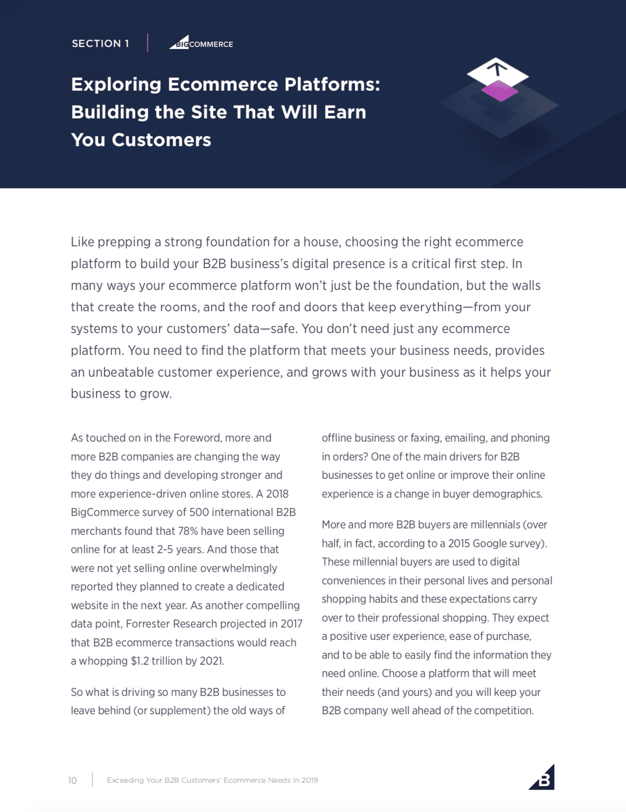 Ebook page for Section 1, Exploring Ecommerce Platforms, with an isometric illustration