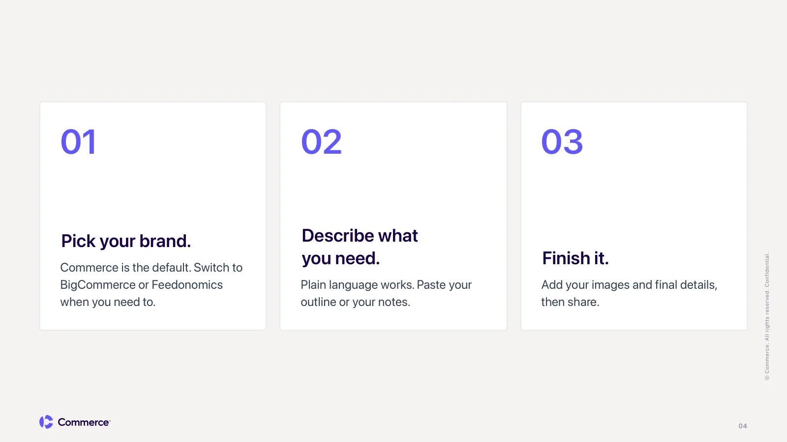Three numbered step cards: pick your brand, describe what you need, finish it