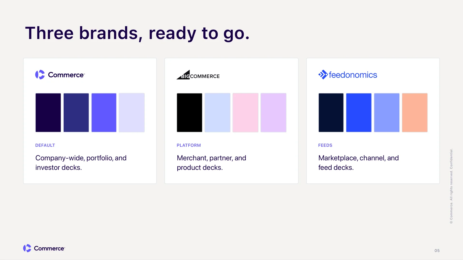 Three brands, ready to go, with a color swatch card for Commerce, BigCommerce, and Feedonomics
