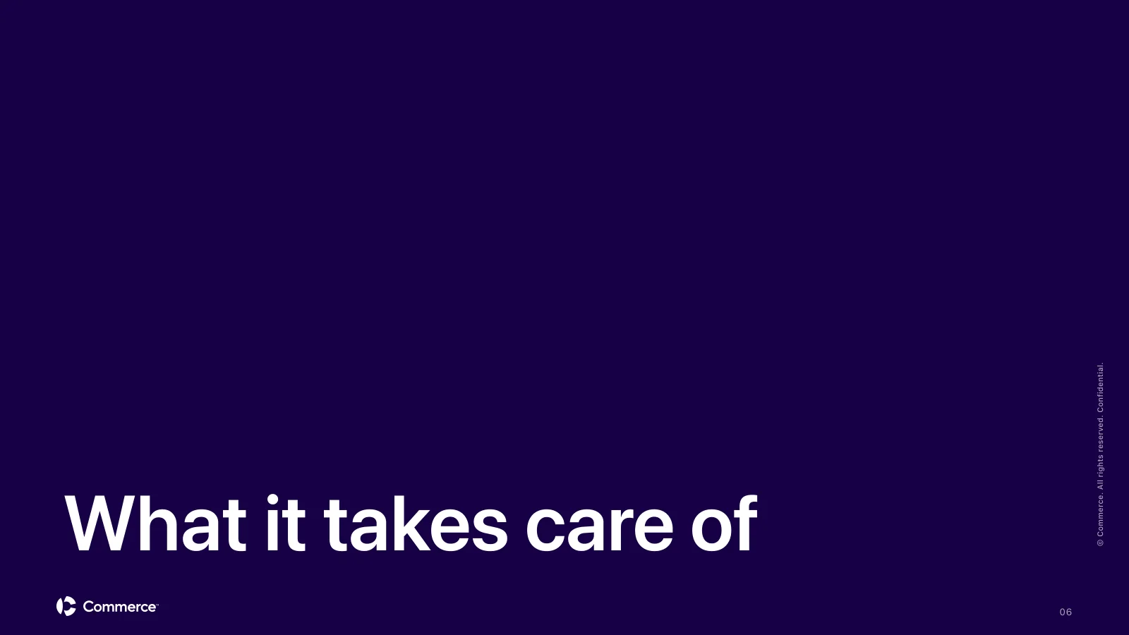 Section divider on Indigo reading What it takes care of