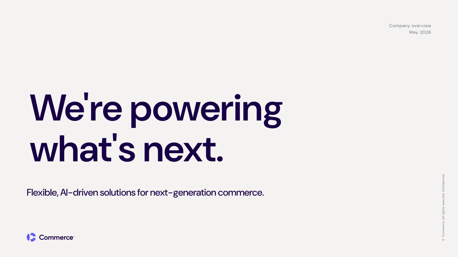 Commerce deck cover on Pearl with the headline We're powering what's next and the Commerce logo