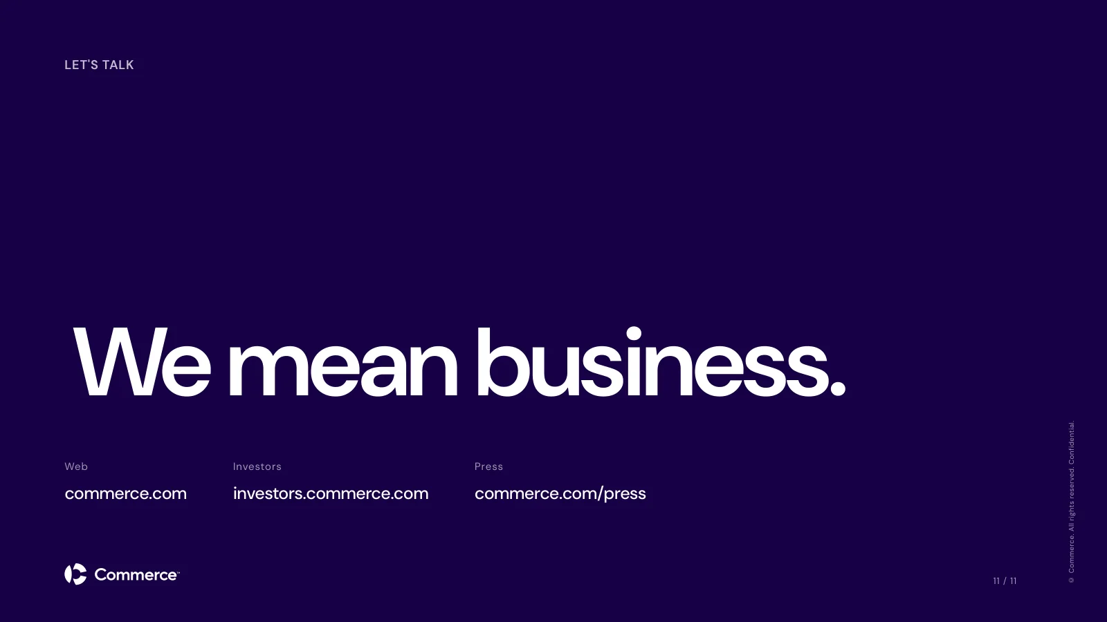 Closing slide on Indigo with the line We mean business and contact links