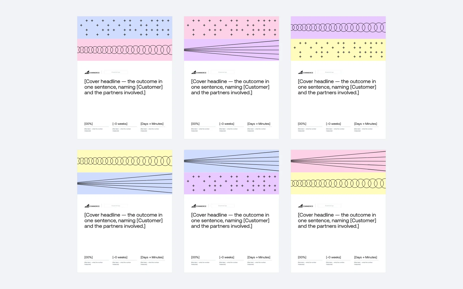 Six case study cover variations, each pairing two different patterns and pastel tints above the same placeholder headline and stats