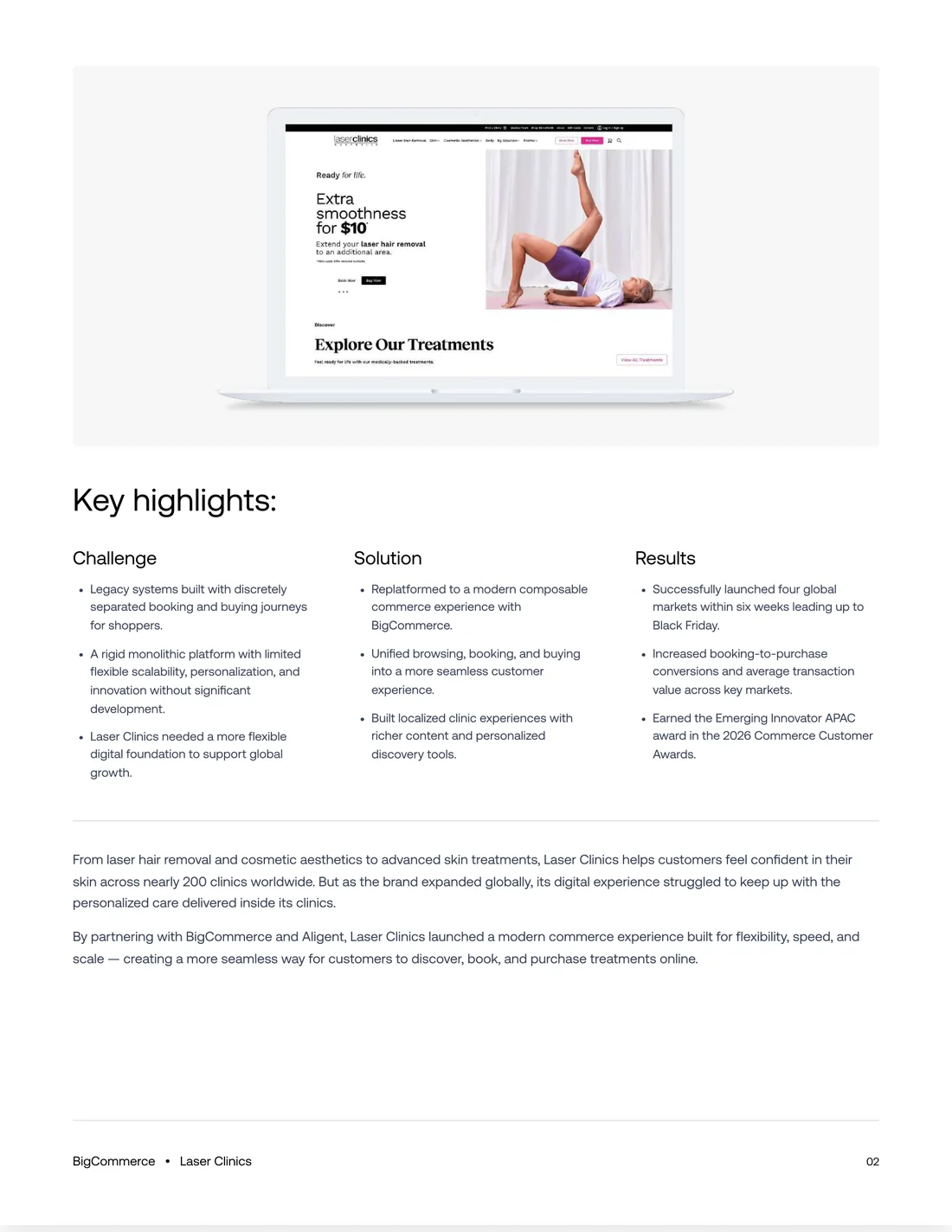Laser Clinics case study page with a laptop mockup of the Laser Clinics site above the Challenge, Solution, and Results highlights