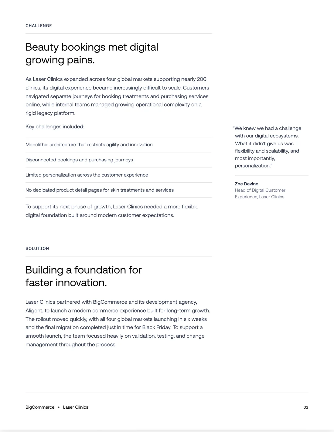 Laser Clinics case study Challenge and Solution sections with a customer quote in the right rail