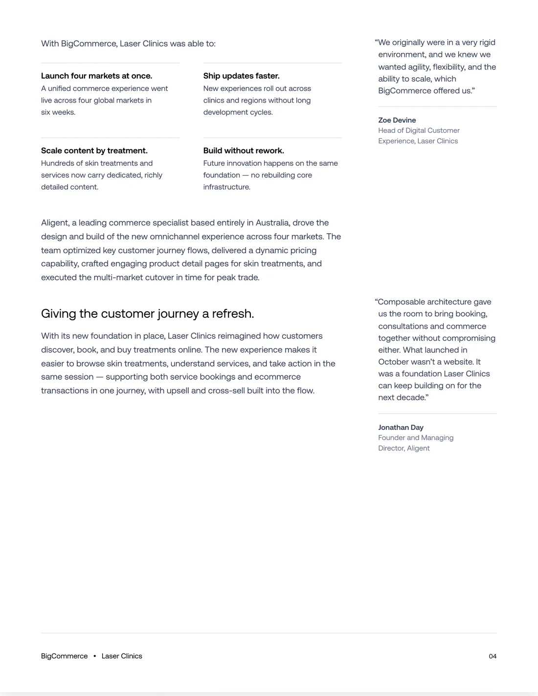 Laser Clinics case study page with a two-column capability list and two pull quotes in the right rail