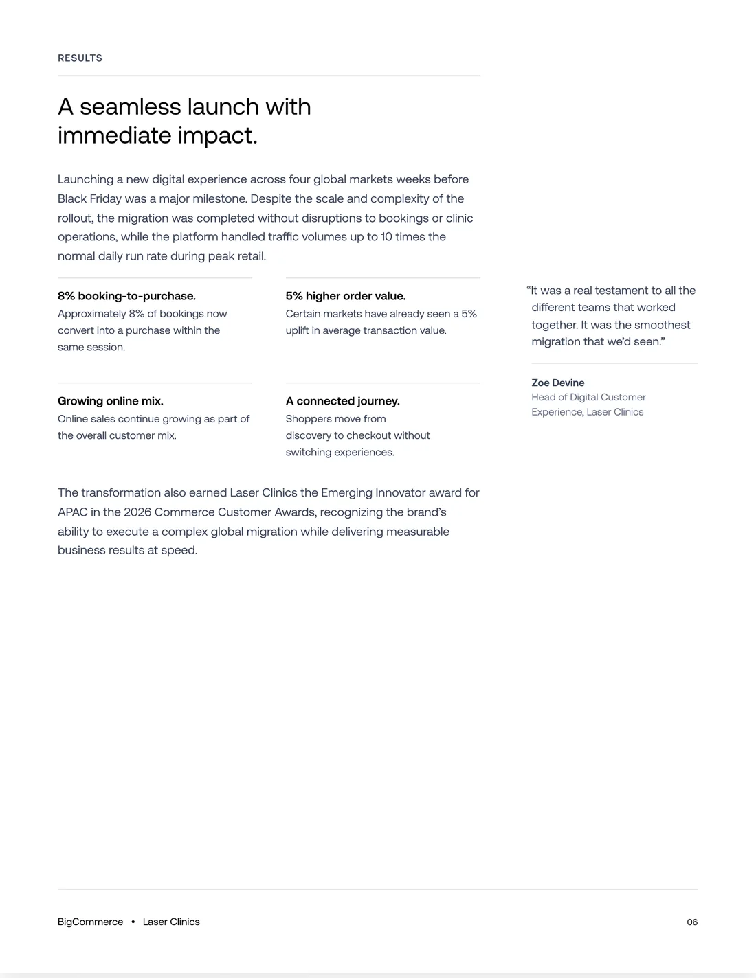 Laser Clinics case study Results section with outcome stats and a customer quote