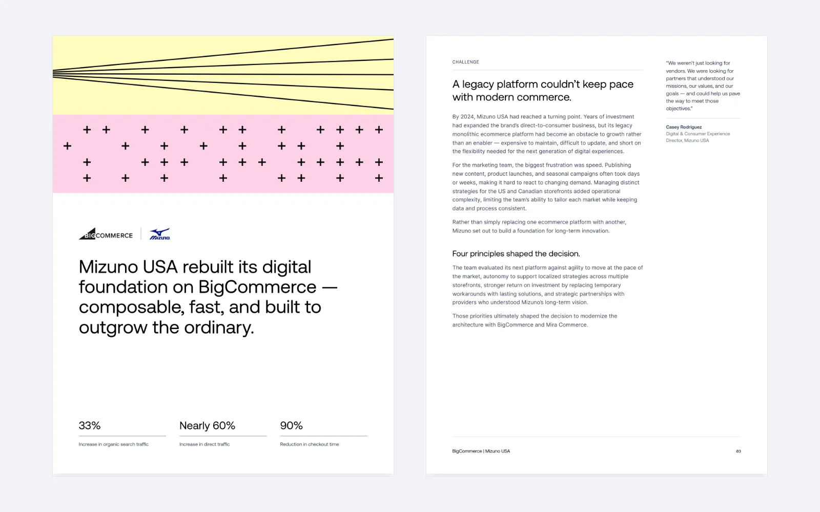 Mizuno USA case study cover with line and plus-sign bands next to its Challenge page with a quote in the right rail