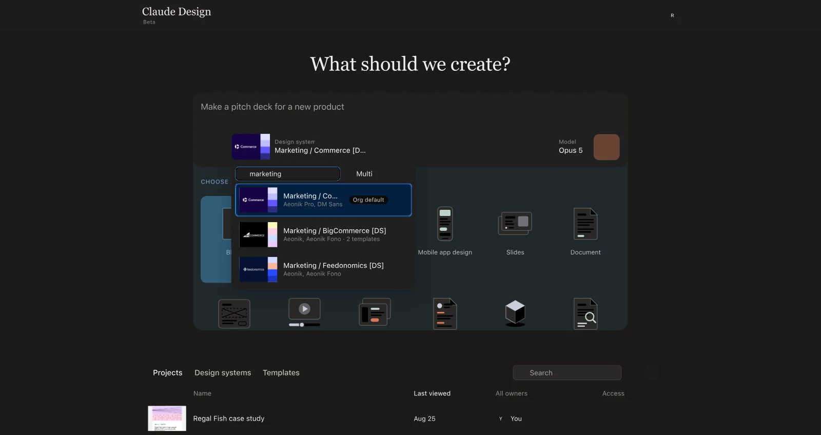 Claude Design start screen with the design system menu open, listing the Commerce, BigCommerce, and Feedonomics marketing systems