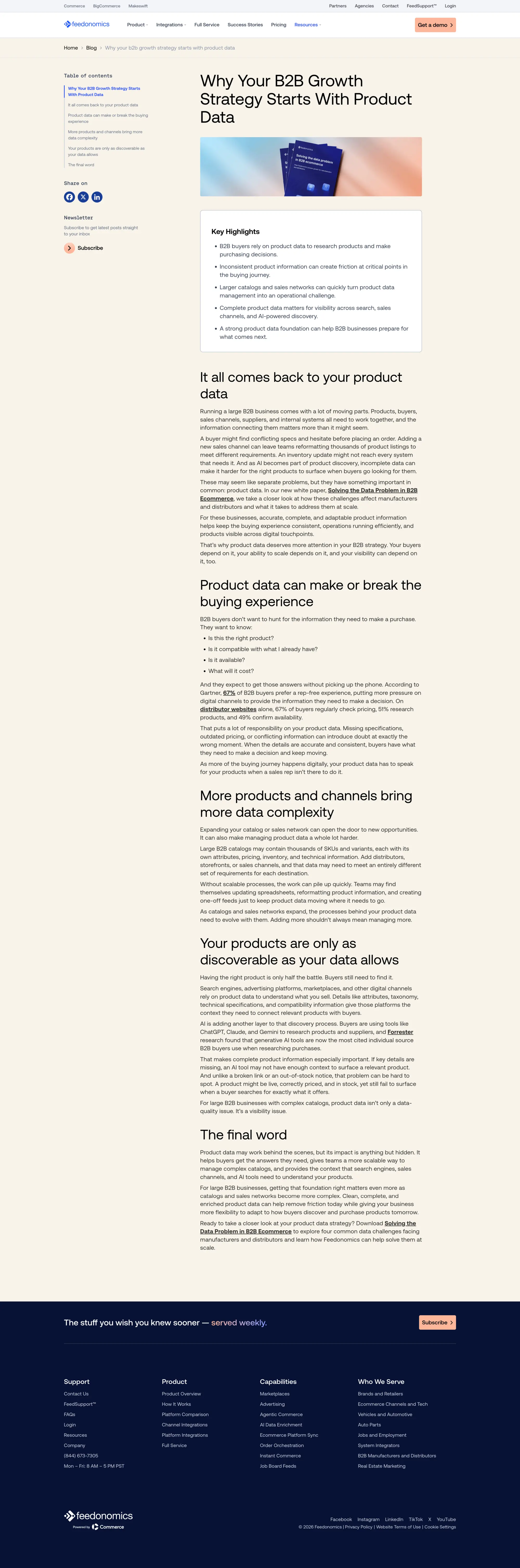 The redesigned Feedonomics blog post template on a stone background, with a table of contents, share links, and newsletter signup in the left rail and a key highlights card above the article