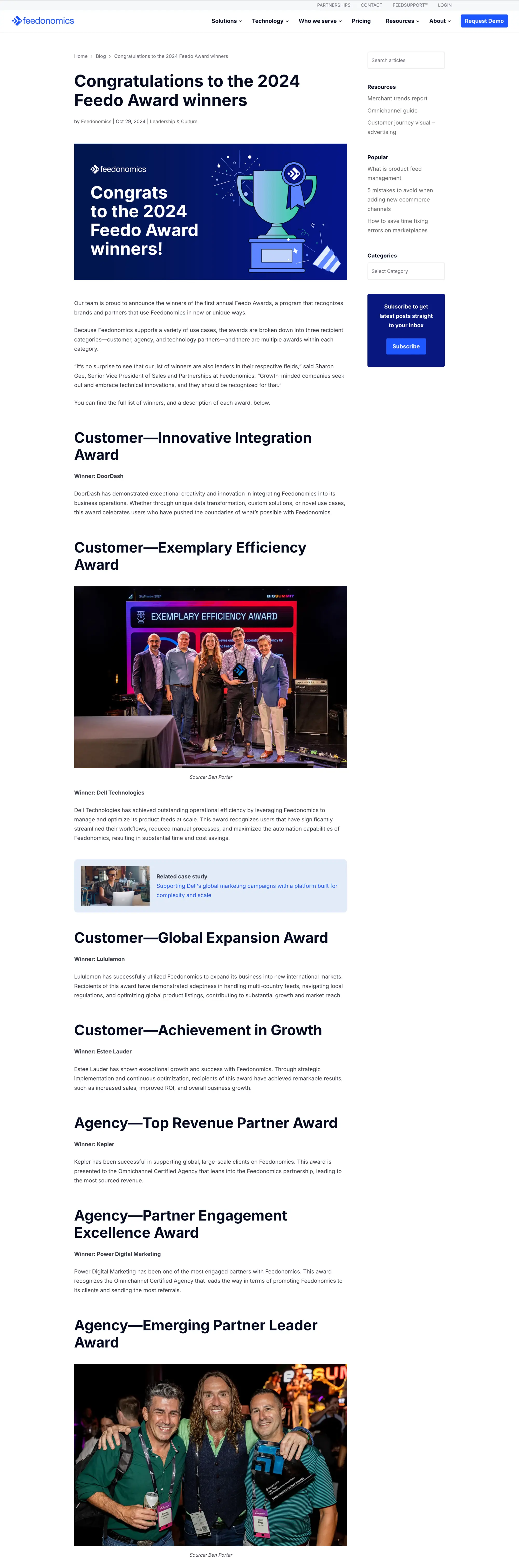 The previous Feedonomics blog post template, a white page with a single article column and a sidebar of search, popular posts, categories, and a subscribe box