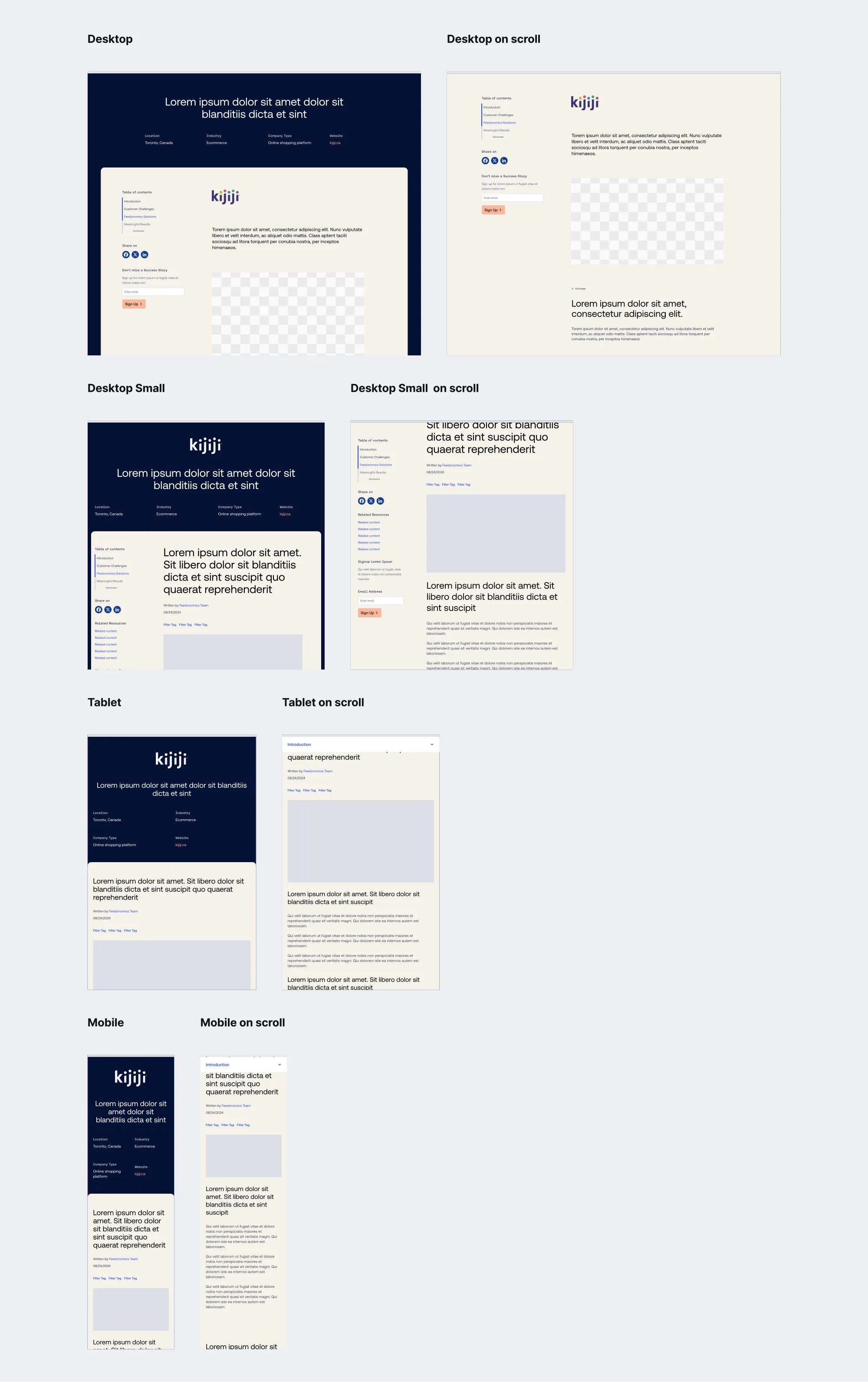 Success story child page spec showing desktop, desktop small, tablet, and mobile layouts, each at rest and on scroll