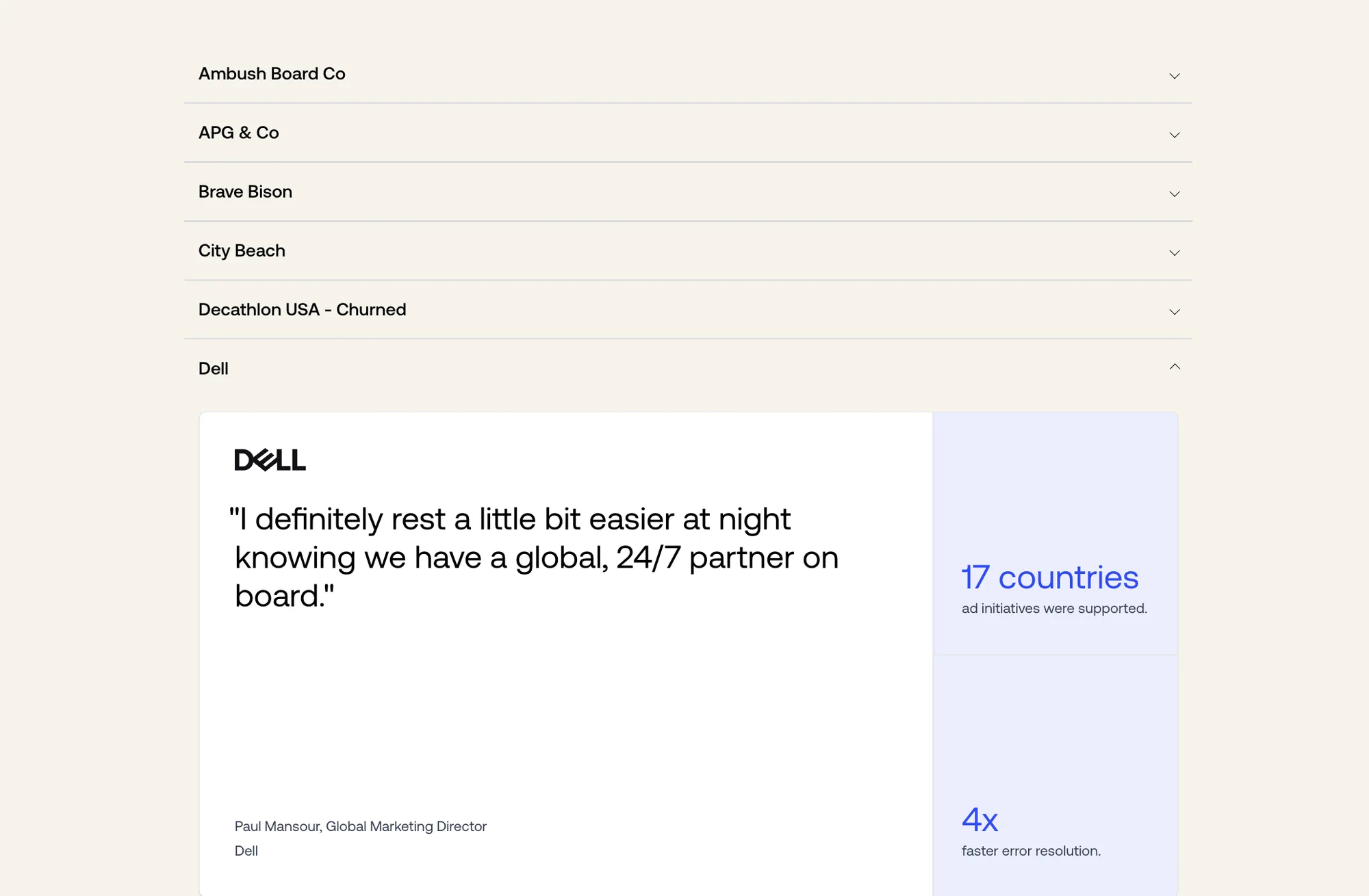 Makeswift library page listing customers in an accordion, with Dell expanded to show its quote card, logo, attribution, and two stats
