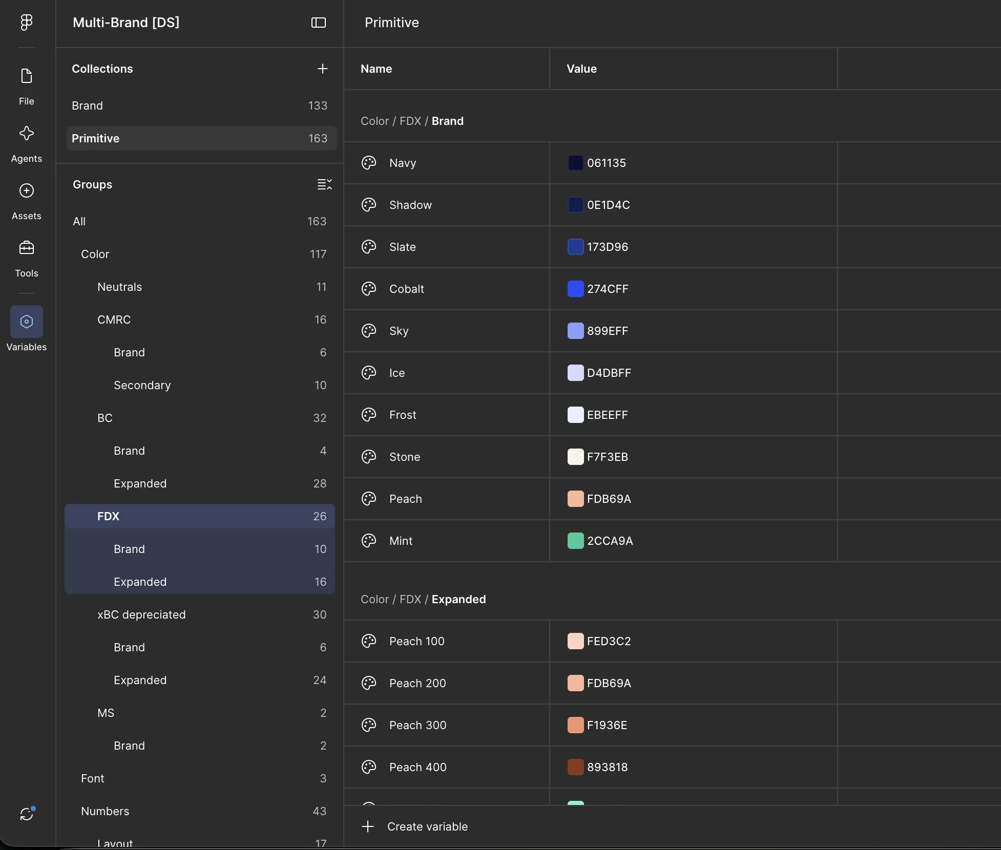 Figma variables panel showing the Feedonomics brand color primitives, Navy, Shadow, Slate, Cobalt, Sky, Ice, Frost, Stone, Peach, and Mint, with hex values