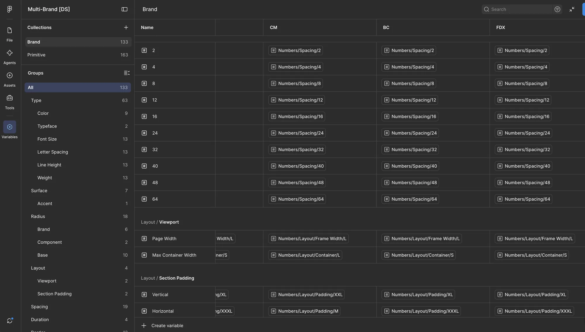 Brand collection spacing tokens, viewport widths, and section padding mapped to number primitives for each brand