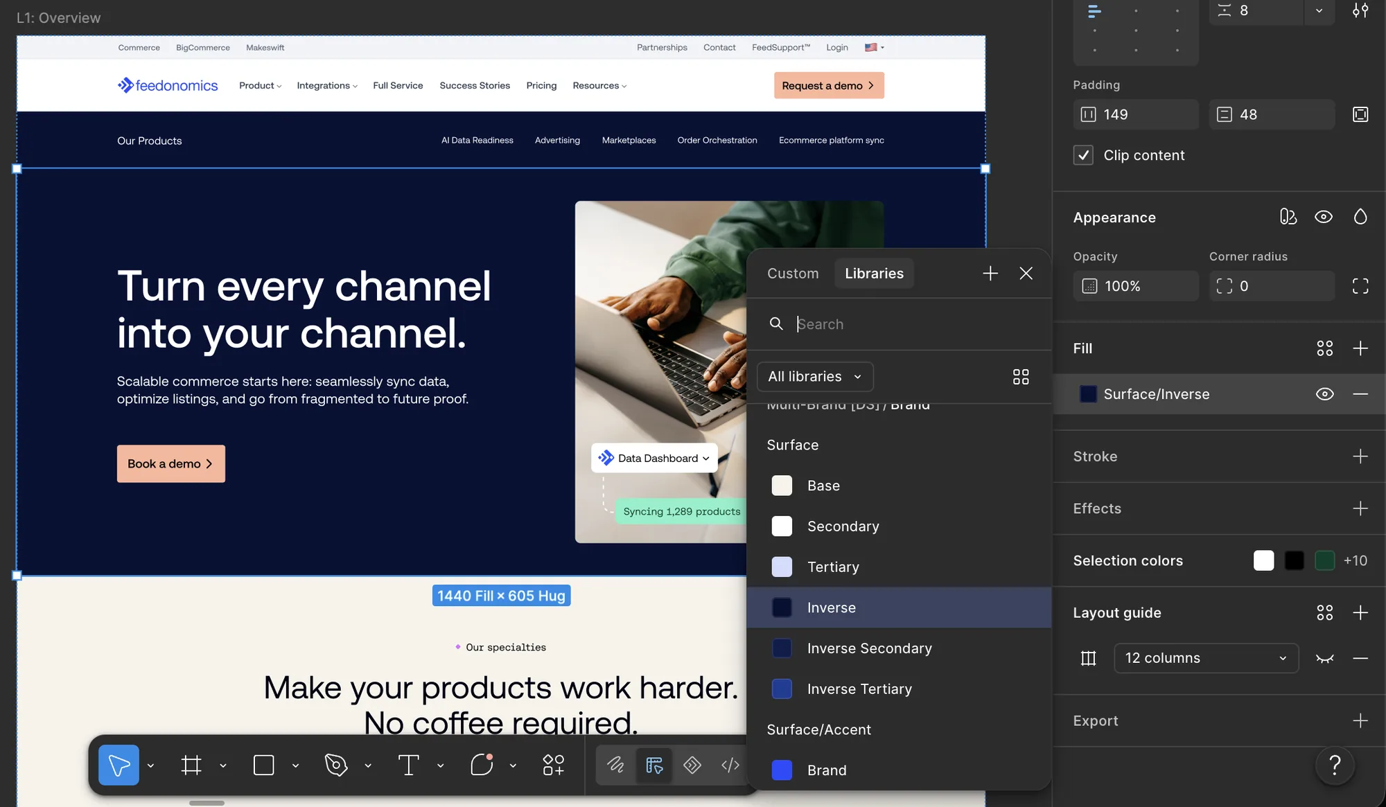 The same Feedonomics page in Figma with the hero section selected and its fill set to the Surface/Inverse token from the Multi-Brand library
