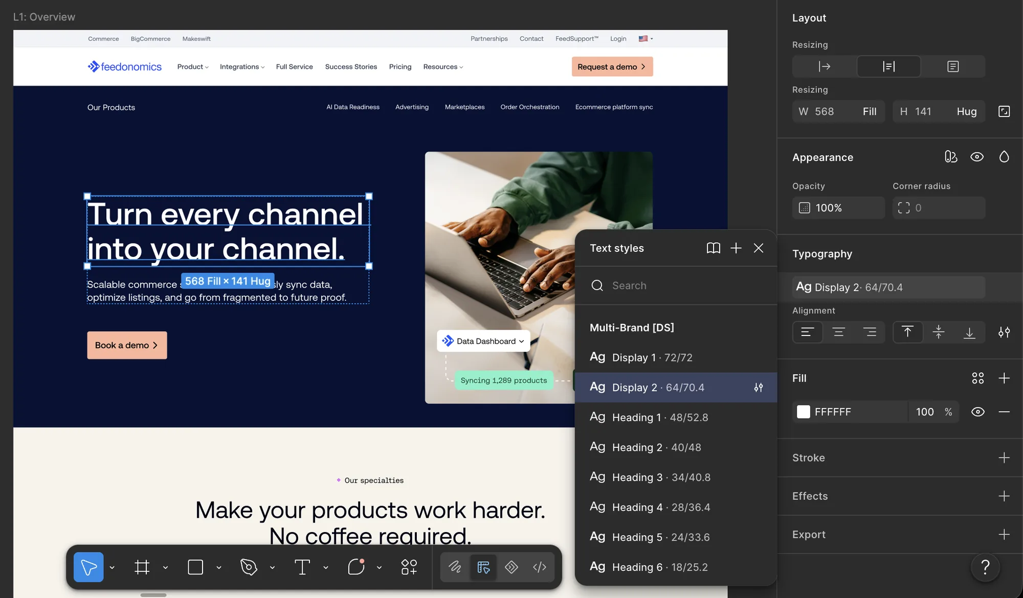 Feedonomics product page in Figma with the hero headline selected and the Multi-Brand text styles menu showing Display 2 at 64/70.4