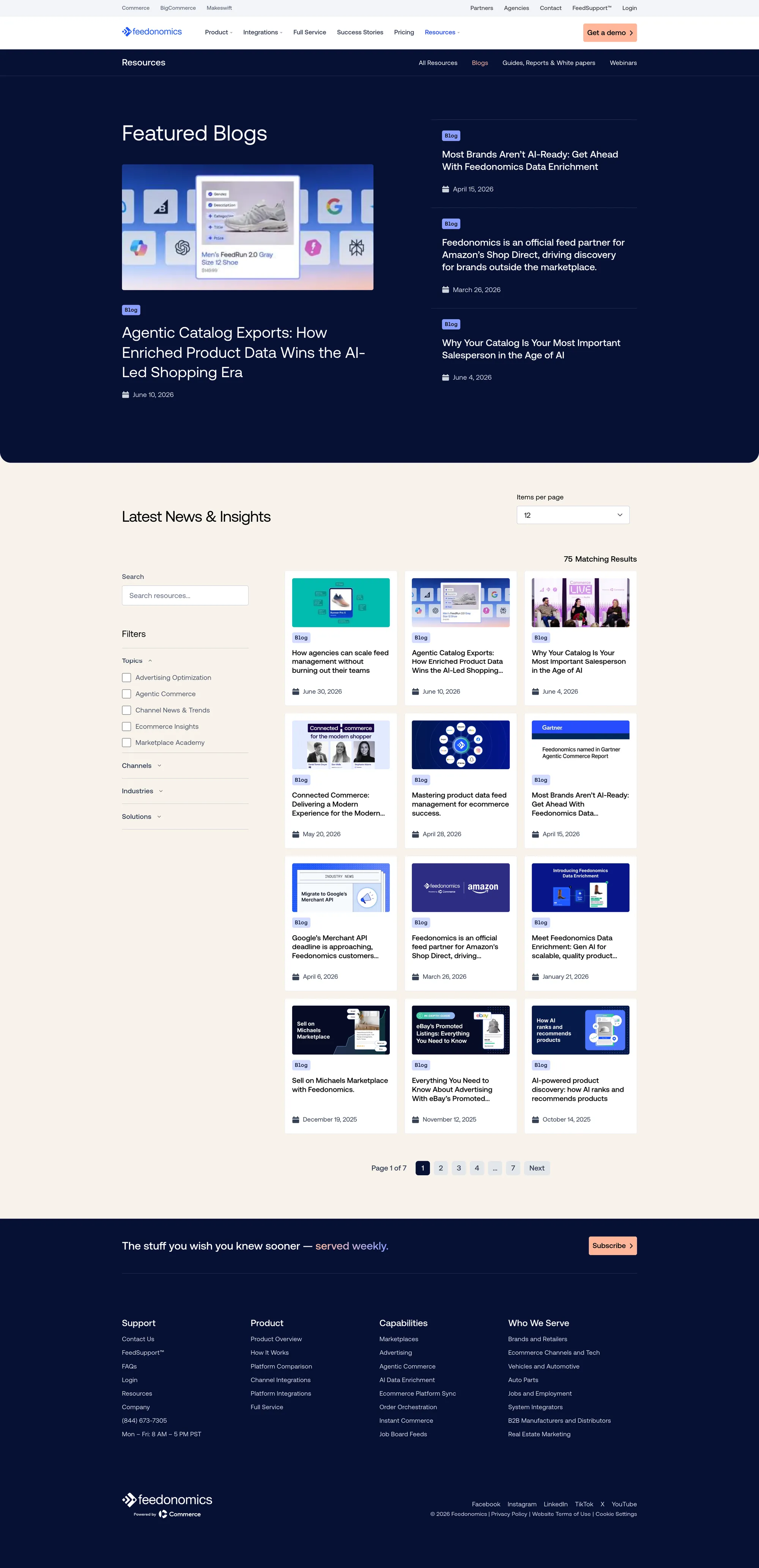 The redesigned Feedonomics resources page with featured blogs, filters, and a grid of articles