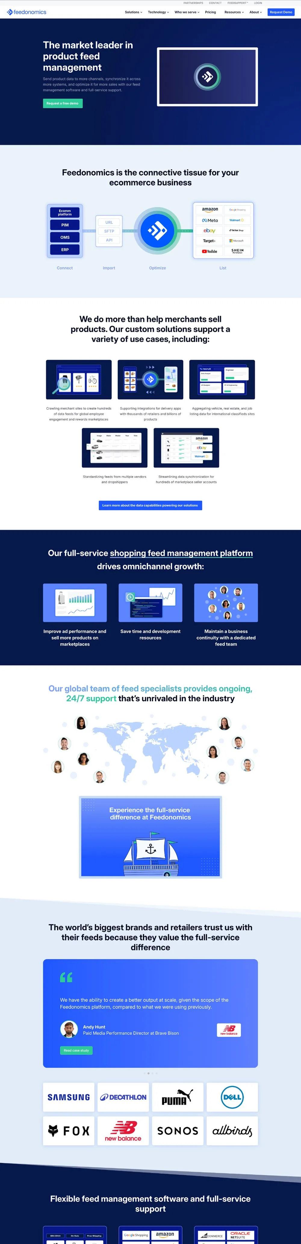 The previous Feedonomics homepage, a long page in dark navy and bright blue