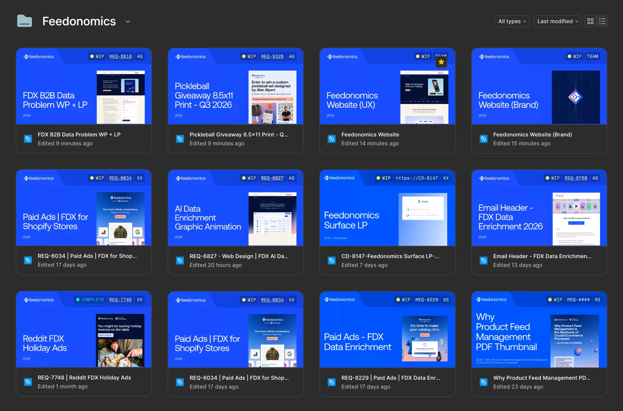 Feedonomics brand folder in the shared Figma team, every cover filled in with title, REQ number, and initials