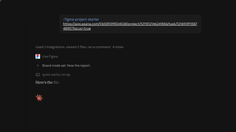 Claude finishing a run of /figma-project-starter, with the reasoning trail and finished file link