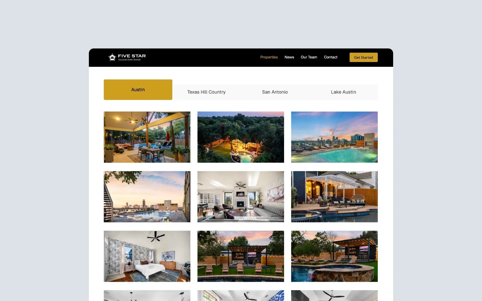 Five Star properties page with tabs for Austin, Texas Hill Country, San Antonio, and Lake Austin above a grid of rental photos