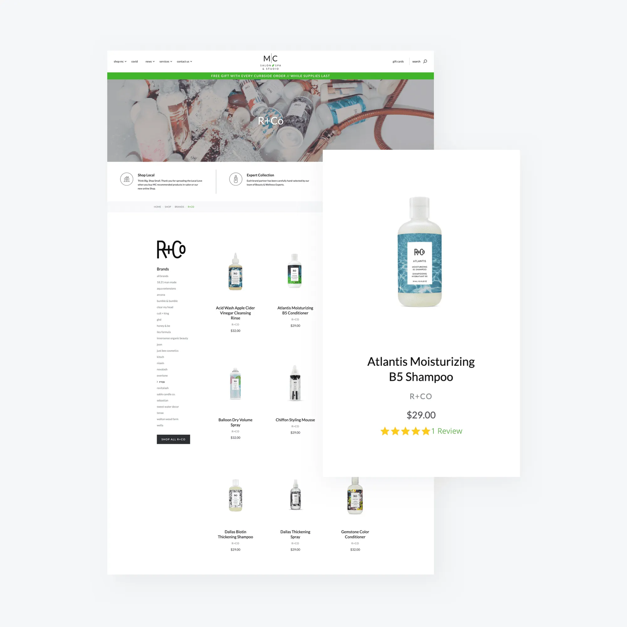 MC Salon shop page listing R+Co hair products, with a product card for Atlantis Moisturizing B5 Shampoo