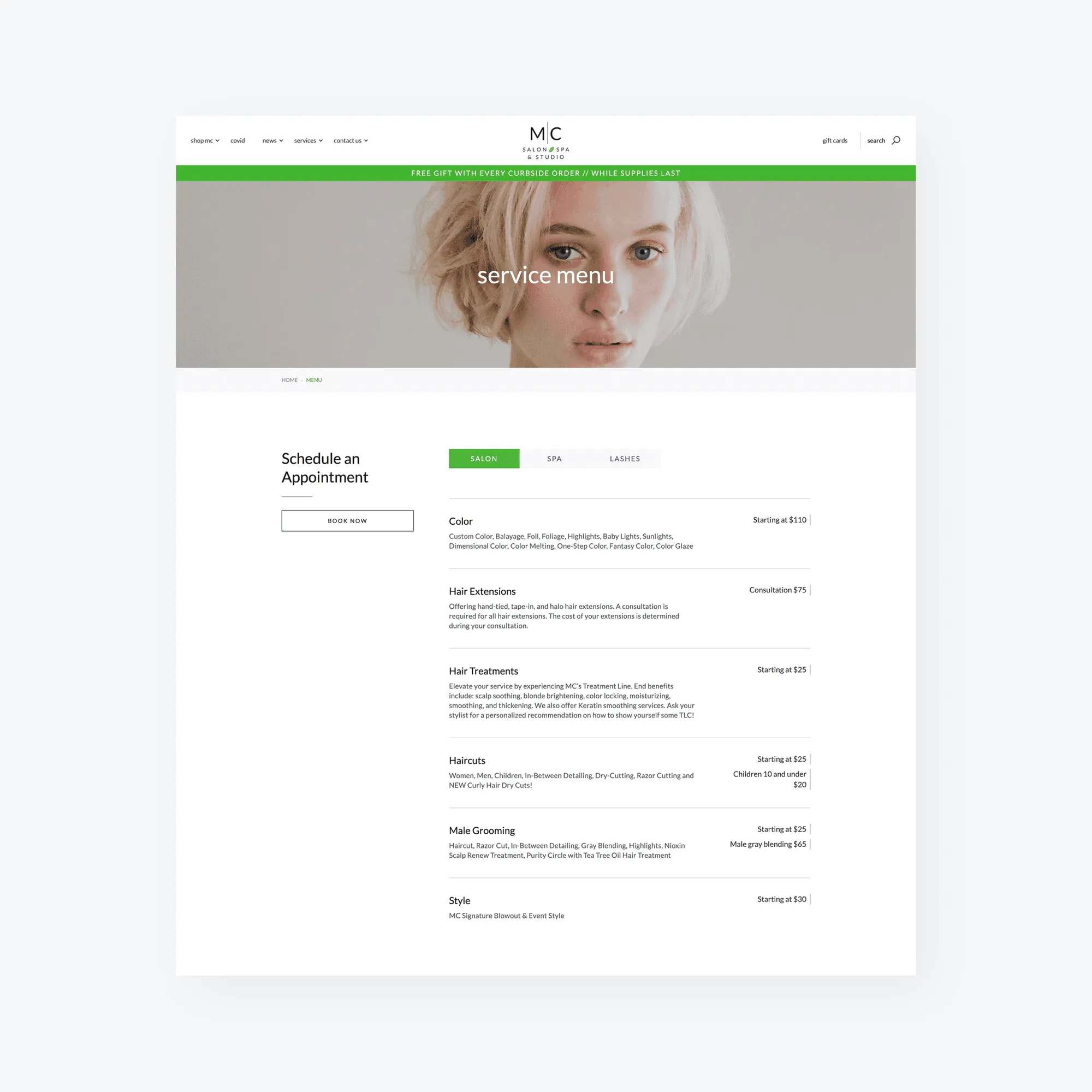 MC Salon service menu with salon services, pricing, and a schedule an appointment button