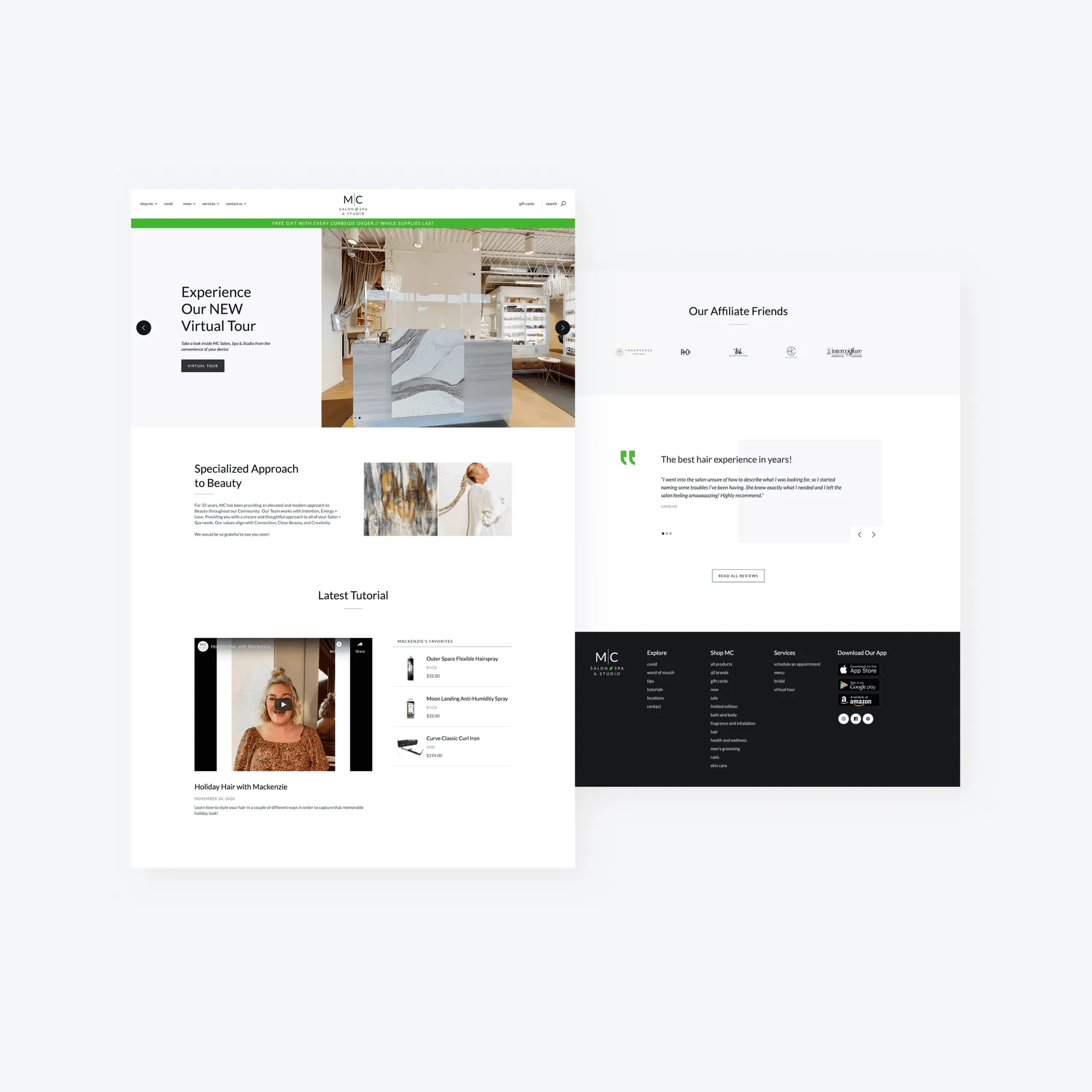 MC Salon homepage with a virtual tour, a specialized approach section, and the latest tutorial video