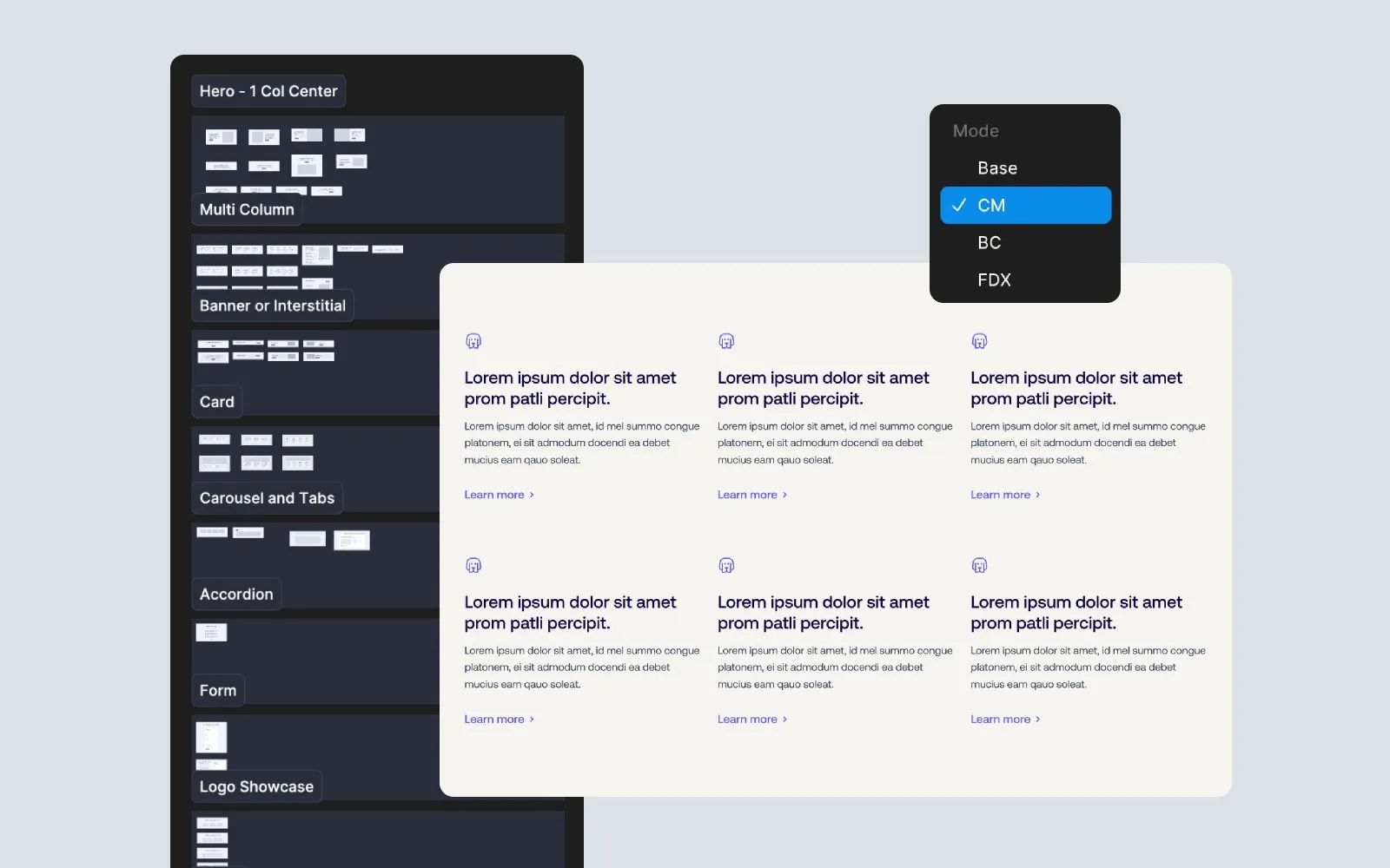 Component library sections, including hero, card, carousel, accordion, and form, next to a card grid with the brand mode set to Commerce