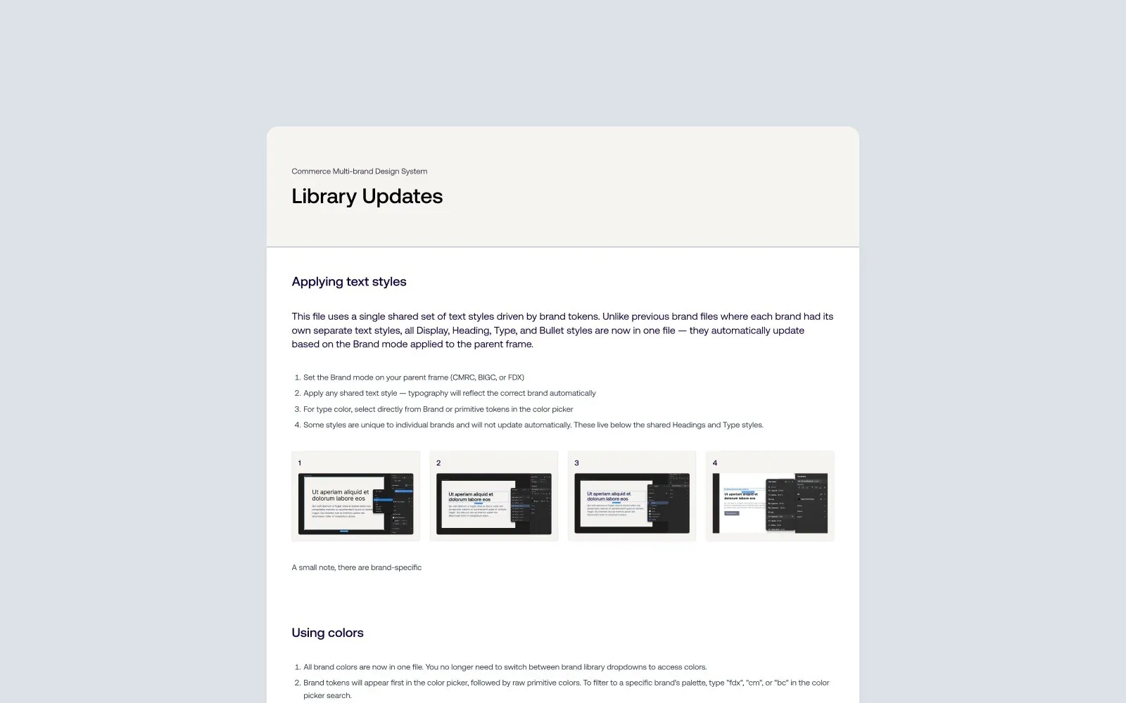 Library updates page explaining how shared text styles and colors now follow the selected brand mode